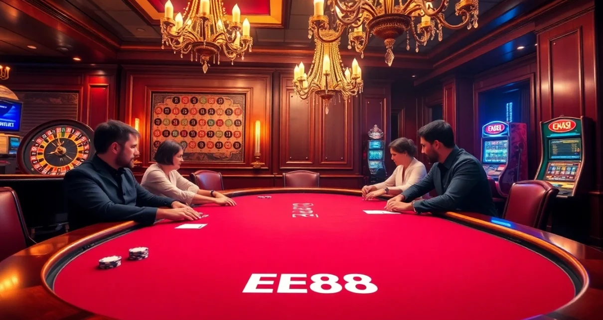 EE88 showcases a thrilling poker game in a luxurious casino atmosphere with vibrant colors and engaging players.