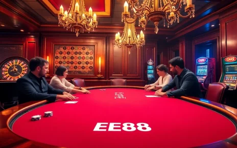 EE88 showcases a thrilling poker game in a luxurious casino atmosphere with vibrant colors and engaging players.
