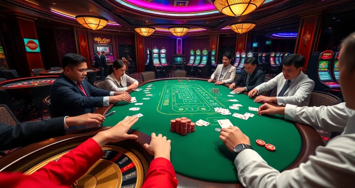 Betting excitement at Nhà cái 88xx's luxurious casino table with players and high-stakes cards.