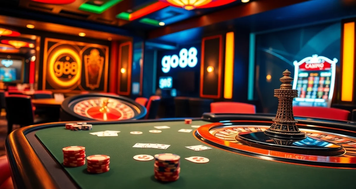 Experience thrilling games at go88's luxurious casino with vibrant tables, chips, and an exciting roulette wheel.