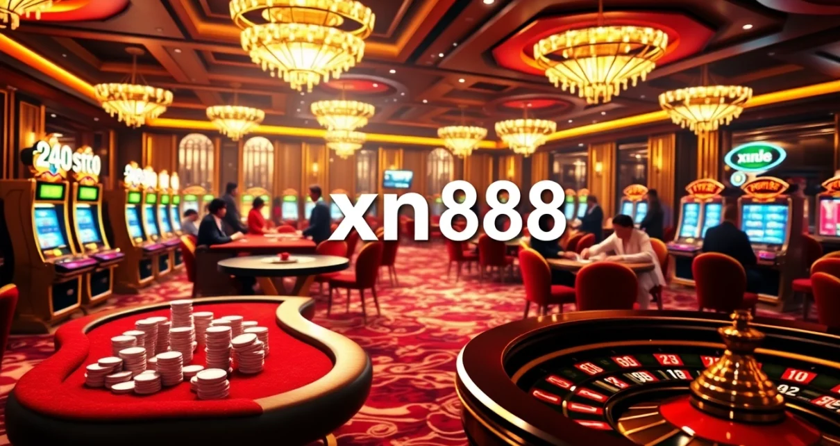 Exciting casino atmosphere showcasing the xn88 link on an interactive gambling interface with poker tables and slot machines.