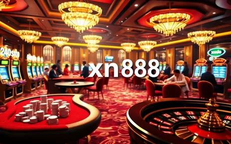 Exciting casino atmosphere showcasing the xn88 link on an interactive gambling interface with poker tables and slot machines.