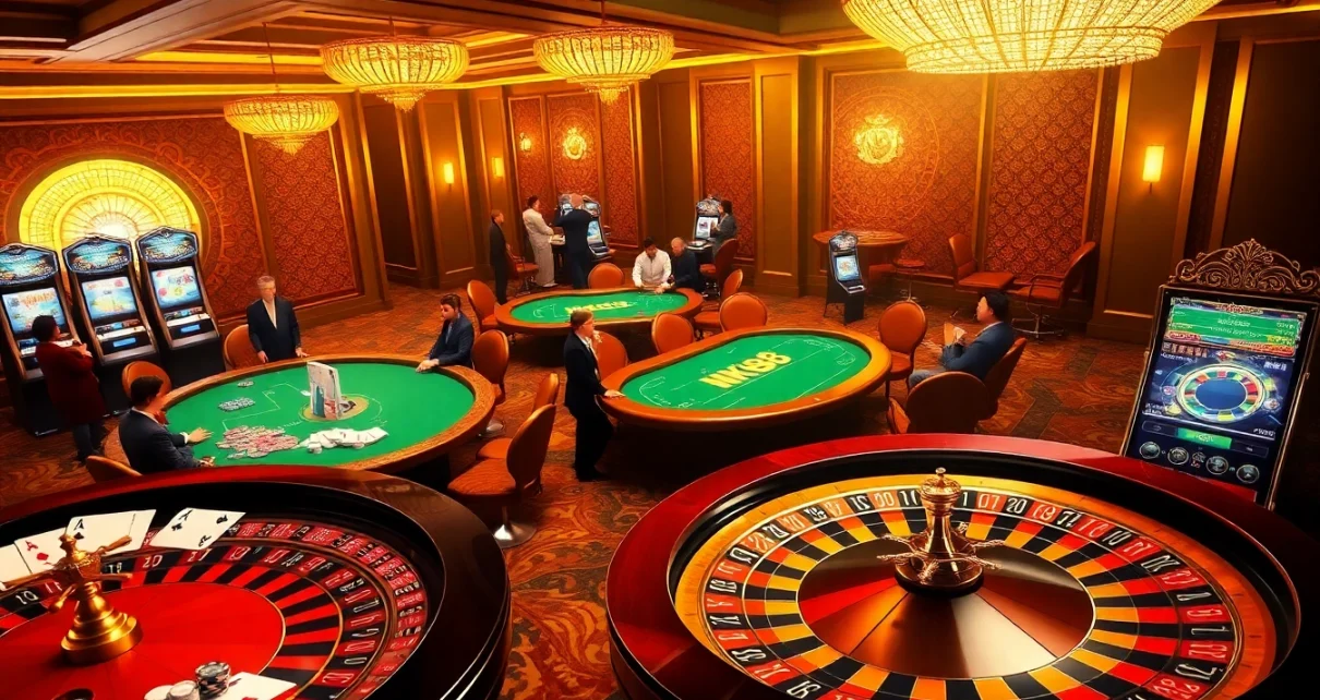 Experience the thrill of NK88 at an upscale casino with vibrant gaming tables and roulette wheels.
