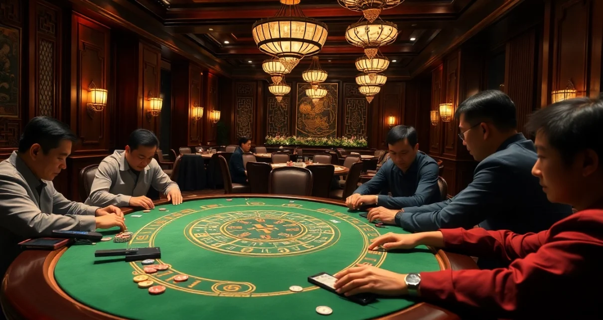 Players engaging in xóc đĩa at an elegant casino table, showcasing the game's excitement.