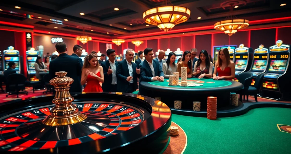 Engage with go88's thrilling casino experience featuring elegant tables and slot machines.