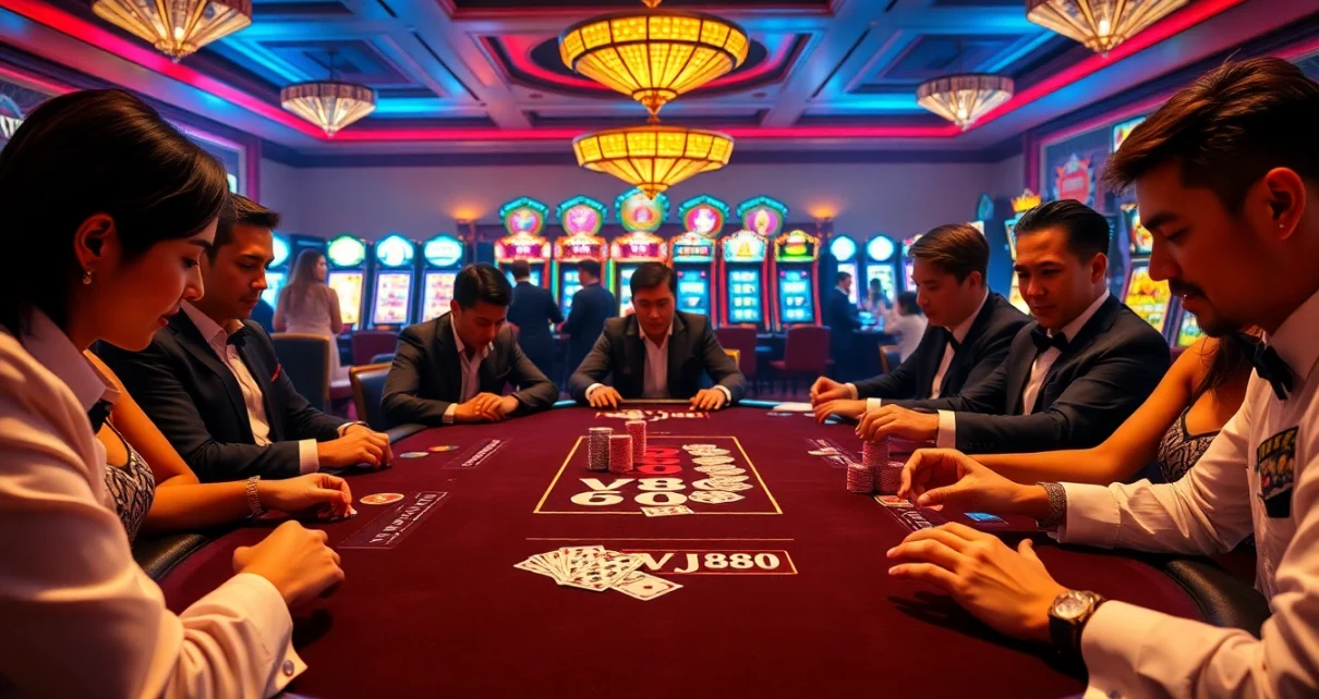 VJ88 poker players engaged in a high-stakes game at a luxury casino table.
