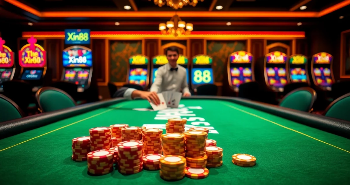 Experience the thrill of Xin88 at a luxurious casino table filled with poker chips and cards.