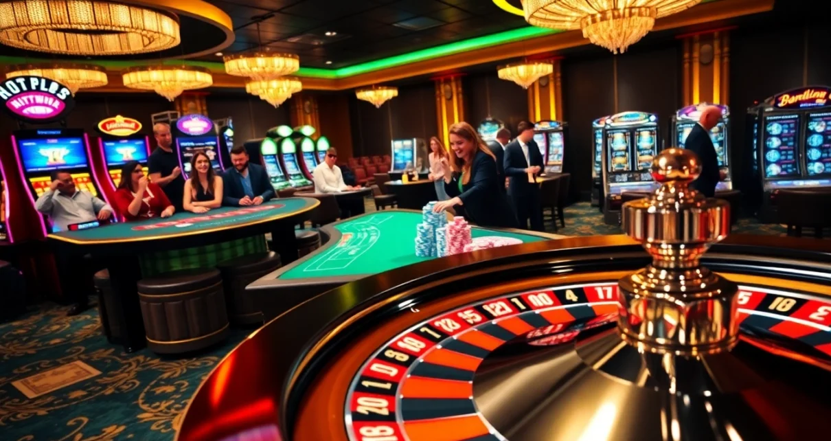 Excitement builds with players at Hitclub casino tables, roulette wheel spinning in vibrant lights.