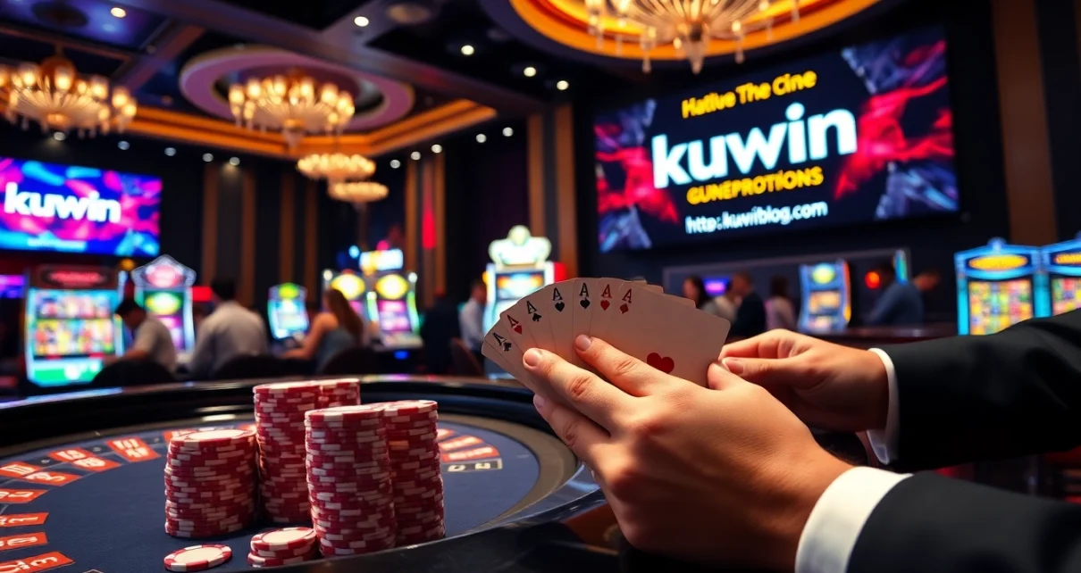 A dynamic scene at a casino table showcasing the thrill of gambling at https://kuwinblog.com/ with roulette, poker chips, and cards.