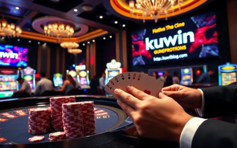 A dynamic scene at a casino table showcasing the thrill of gambling at https://kuwinblog.com/ with roulette, poker chips, and cards.