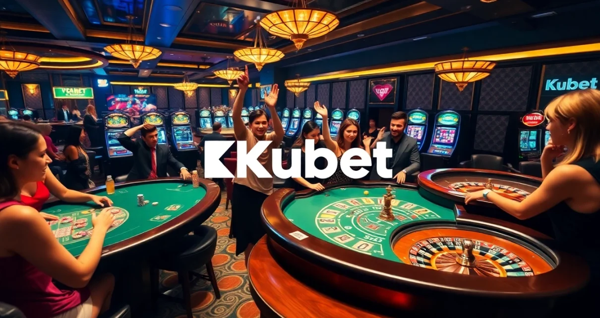Kubet casino showcases an exciting gaming atmosphere with vibrant tables and players celebrating wins.