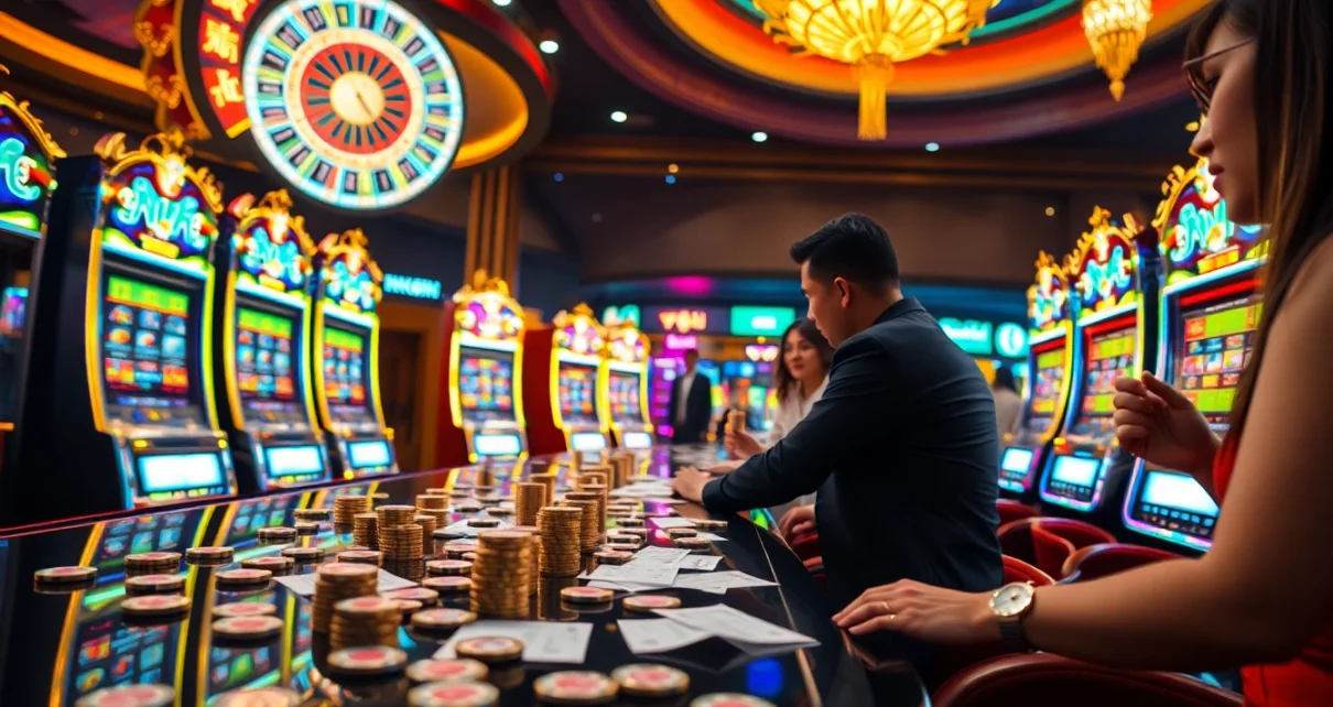 Nổ hũ players enjoying an exciting slot machine experience in a glamorous casino.