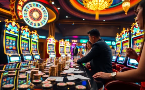 Nổ hũ players enjoying an exciting slot machine experience in a glamorous casino.