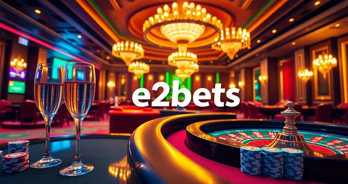 E2bets casino scene with vibrant tables, poker chips, and roulette wheels.