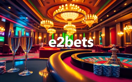 E2bets casino scene with vibrant tables, poker chips, and roulette wheels.