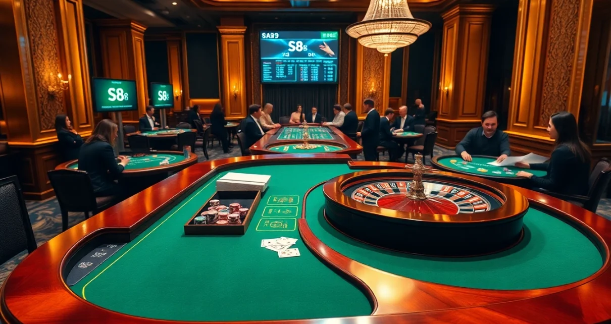 Experience the thrill of S8 with a dynamic casino scene featuring poker chips and gaming tables.