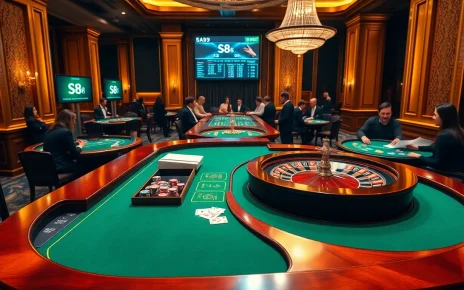 Experience the thrill of S8 with a dynamic casino scene featuring poker chips and gaming tables.