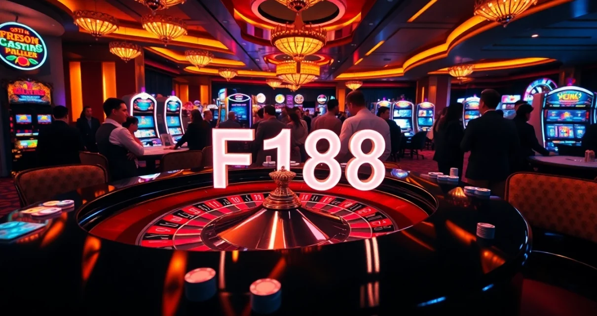 Engaged gamblers playing at F168 casino tables with vibrant slots and roulette wheel.