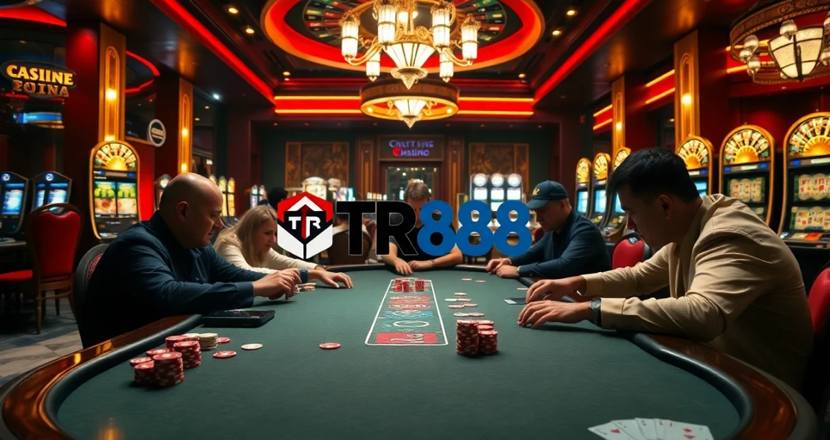 Engaging casino atmosphere with gamblers playing poker at TR88, surrounded by vibrant slot machines.