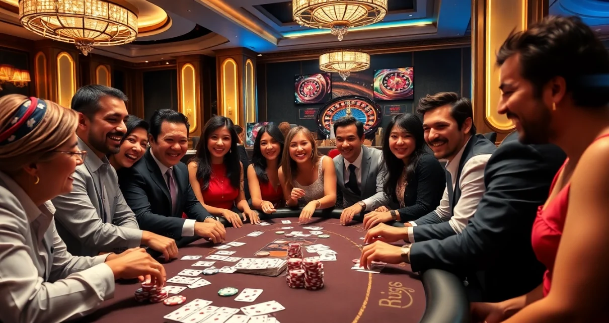 Pahala4d players enjoy an exciting poker game at a luxurious casino table.