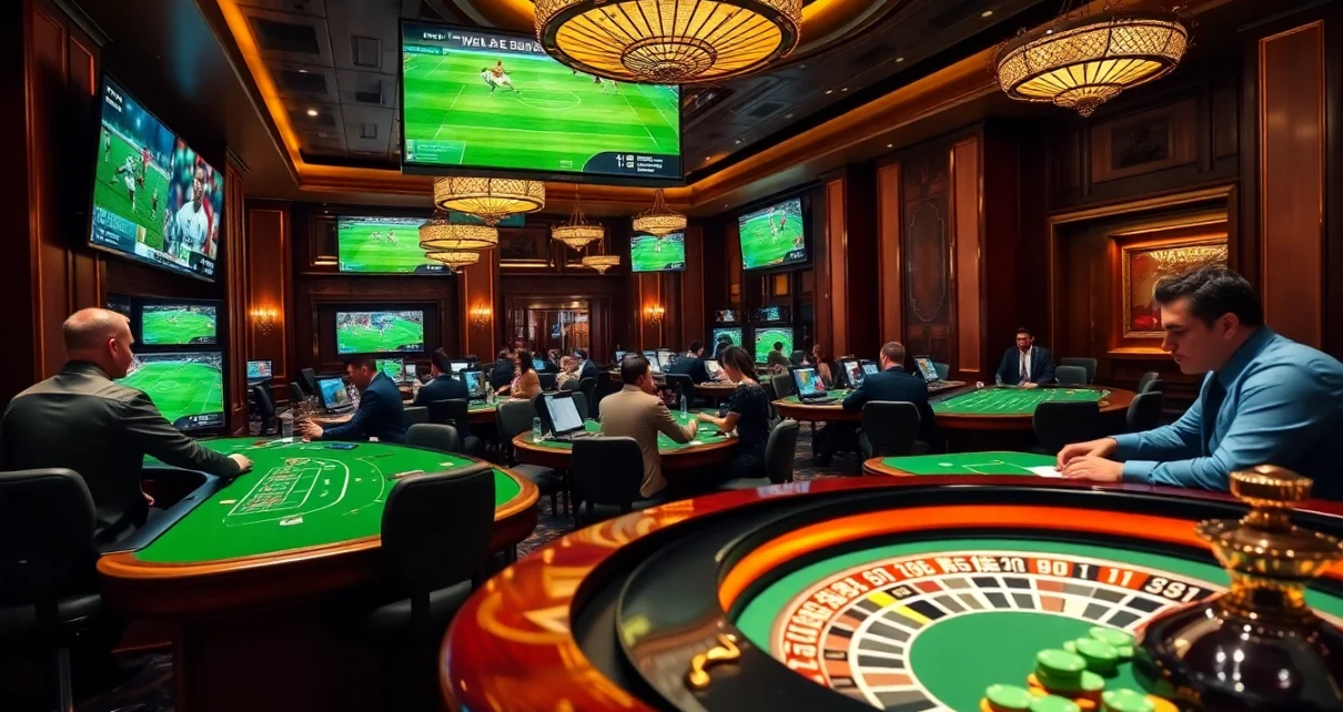 Experience the thrill of แทงบอล in a luxurious casino setting with enthusiastic gamblers and live match displays.