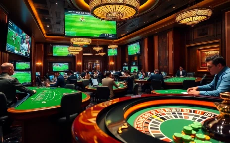Experience the thrill of แทงบอล in a luxurious casino setting with enthusiastic gamblers and live match displays.
