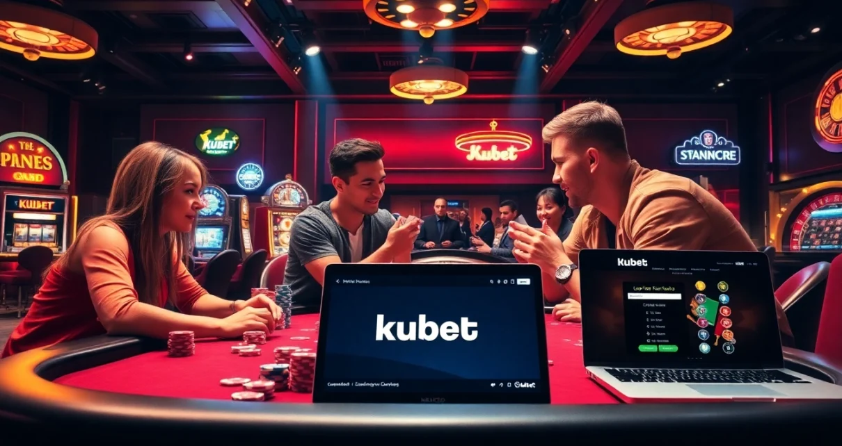 Kubet players enjoying a thrilling poker game in a vibrant casino atmosphere.