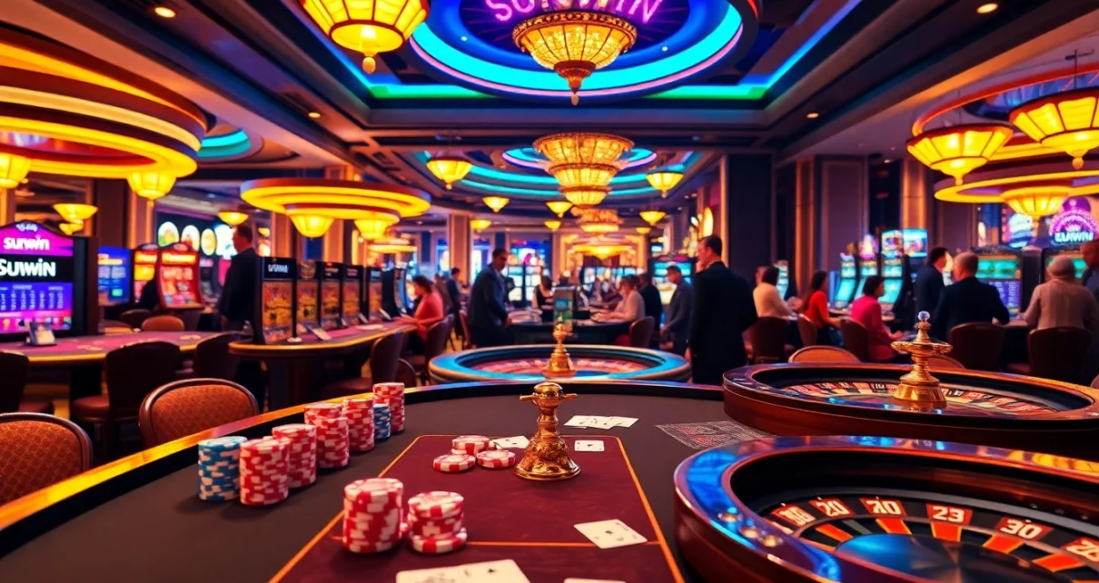 Experience excitement at a Sunwin-themed casino table with vibrant poker chips and cards.