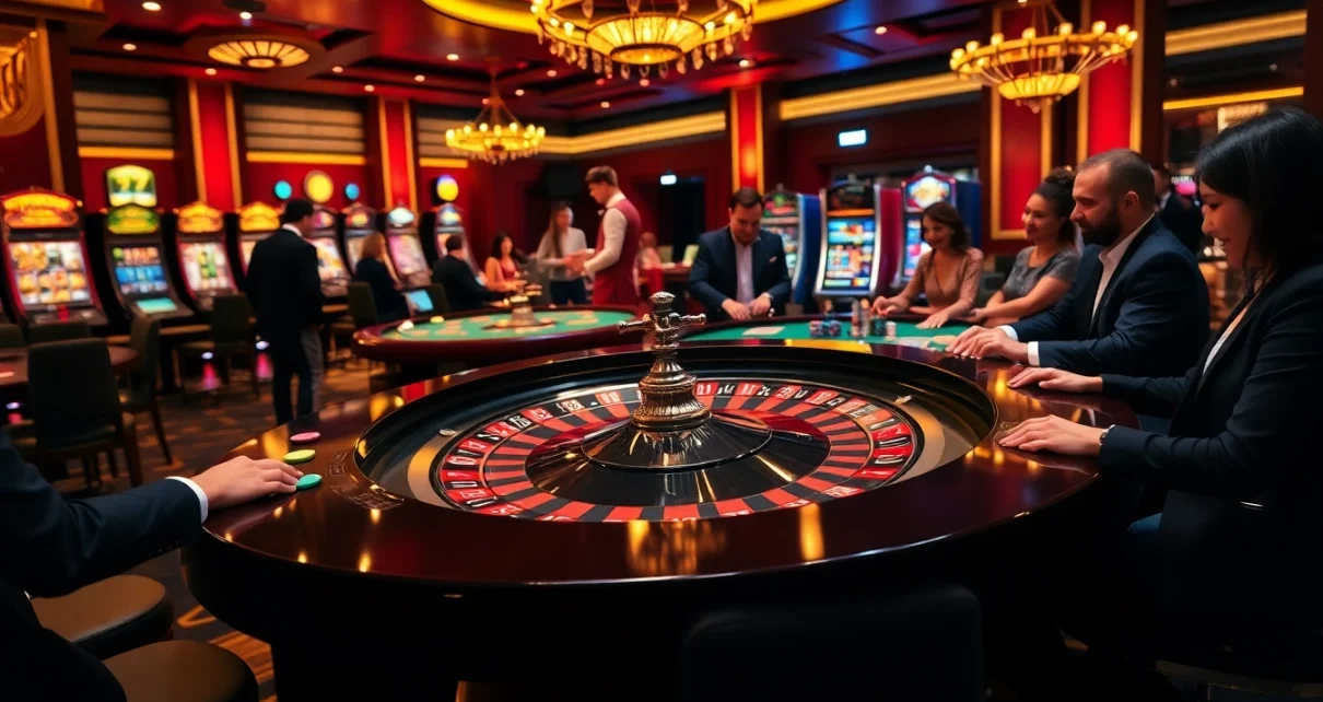 Experience the thrill of winning at https://kk55.group with a luxurious casino scene showcasing roulette and joyful players.