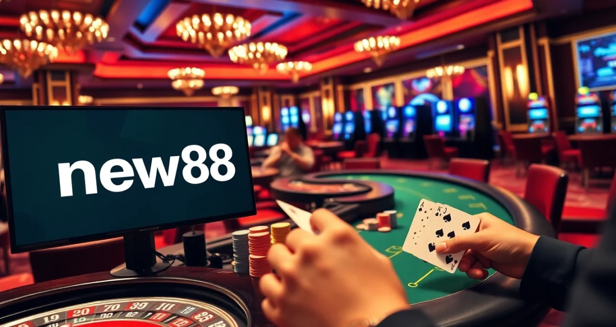 Engaging casino scene showcasing new88 logo with poker tables and excitement.