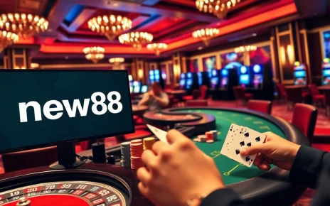 Engaging casino scene showcasing new88 logo with poker tables and excitement.