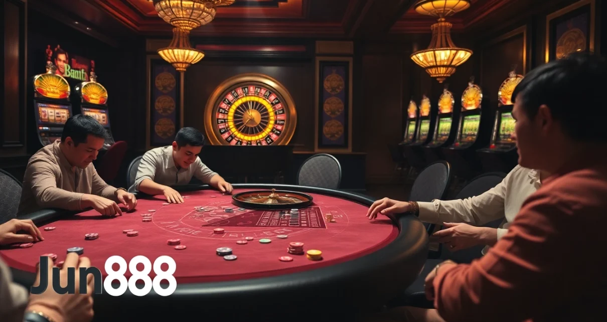 Experience the thrill of winning at Jun88 casino with vibrant poker chips and glowing roulette wheels.