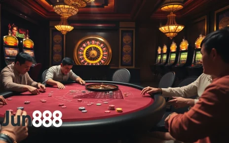 Experience the thrill of winning at Jun88 casino with vibrant poker chips and glowing roulette wheels.