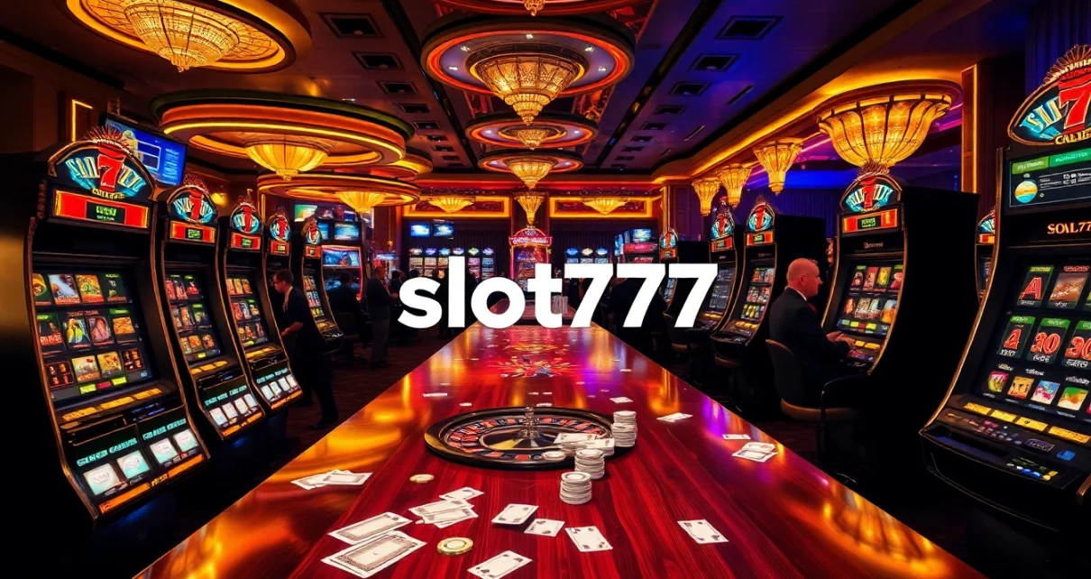 Players celebrate their wins at slot777 machines in a vibrant casino setting, surrounded by poker chips and roulette wheels.