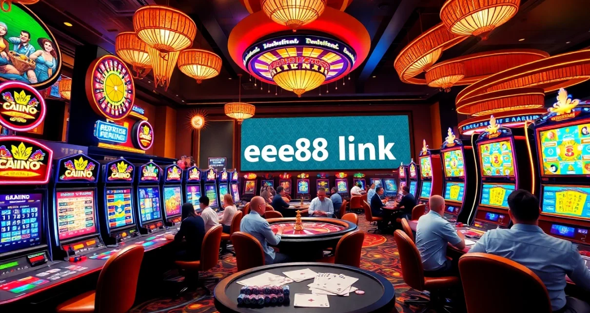 Players engaging in vibrant casino games, highlighting the ee88 link for online gaming.