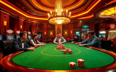 Engaged players strategize at a luxurious poker table in a vibrant bk888 casino scene.