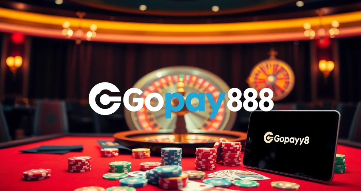 Experience the thrill of Gopay88 with poker chips and a glowing roulette wheel.