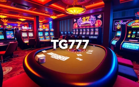 TG777 offers an exciting online gaming experience with vibrant casino tables and slot machines.