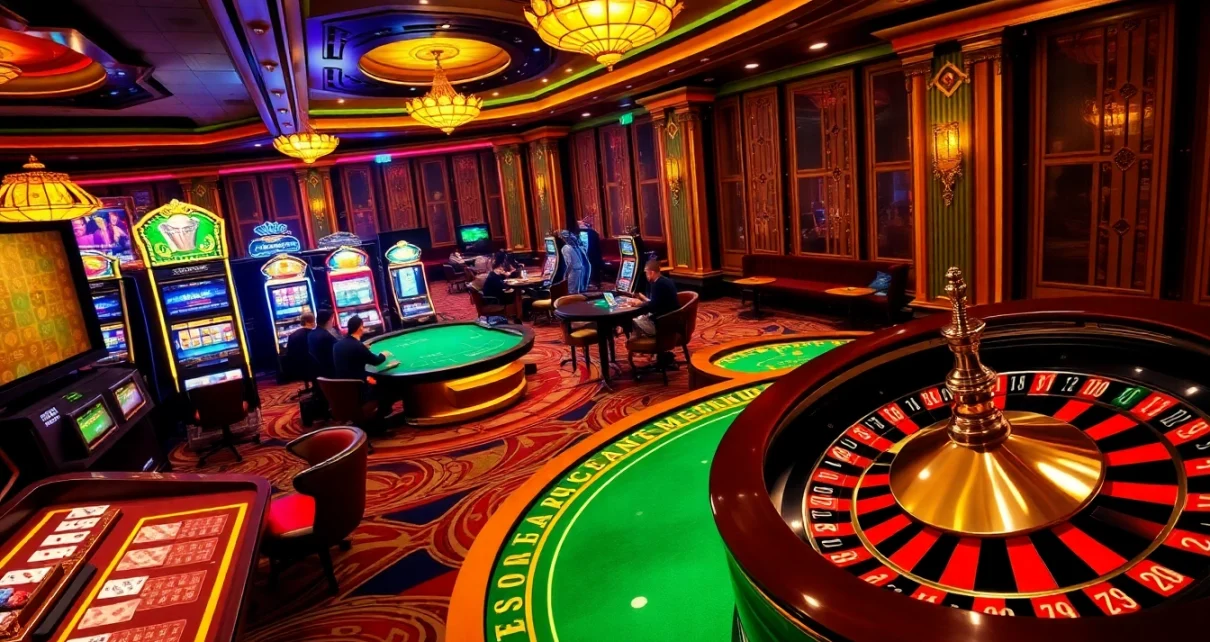 Experience the thrilling action of 79 King at a luxurious casino setting with vibrant gaming tables and excitement.