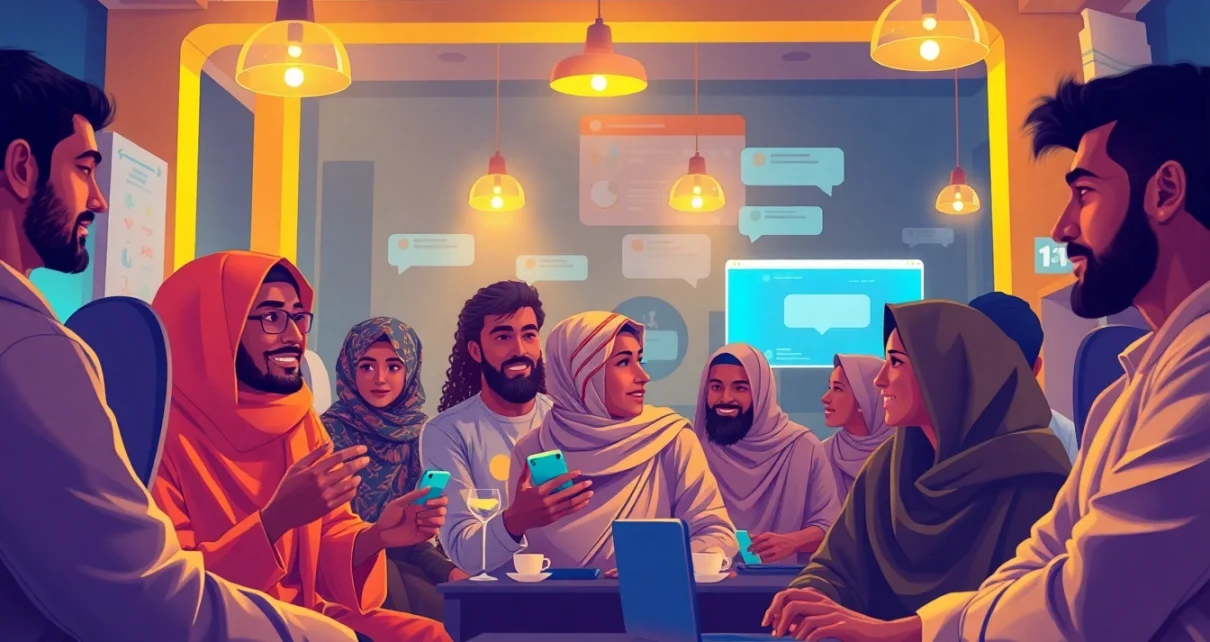 مشهد غرفة دردشة عربية جذابة يُبرز الاتصالات في شات عربي.