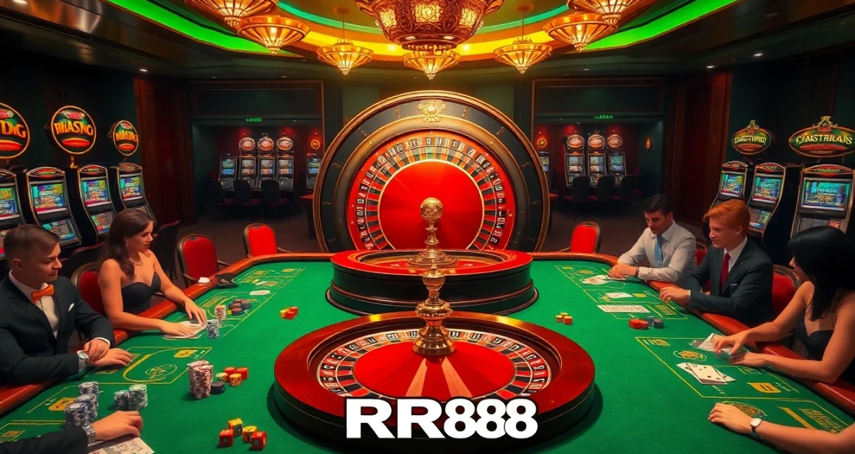 Experience the excitement of RR88 with vibrant casino tables, roulette wheels, and poker games in action.