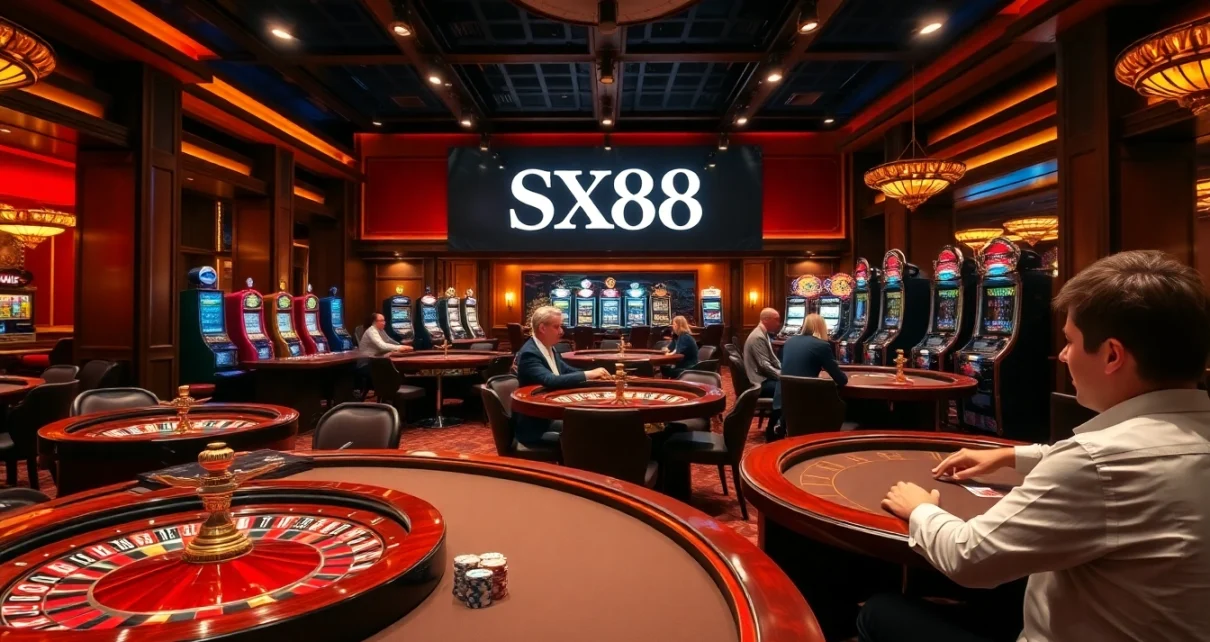 Experience luxury gaming at SX88 with poker tables and vibrant casino visuals.