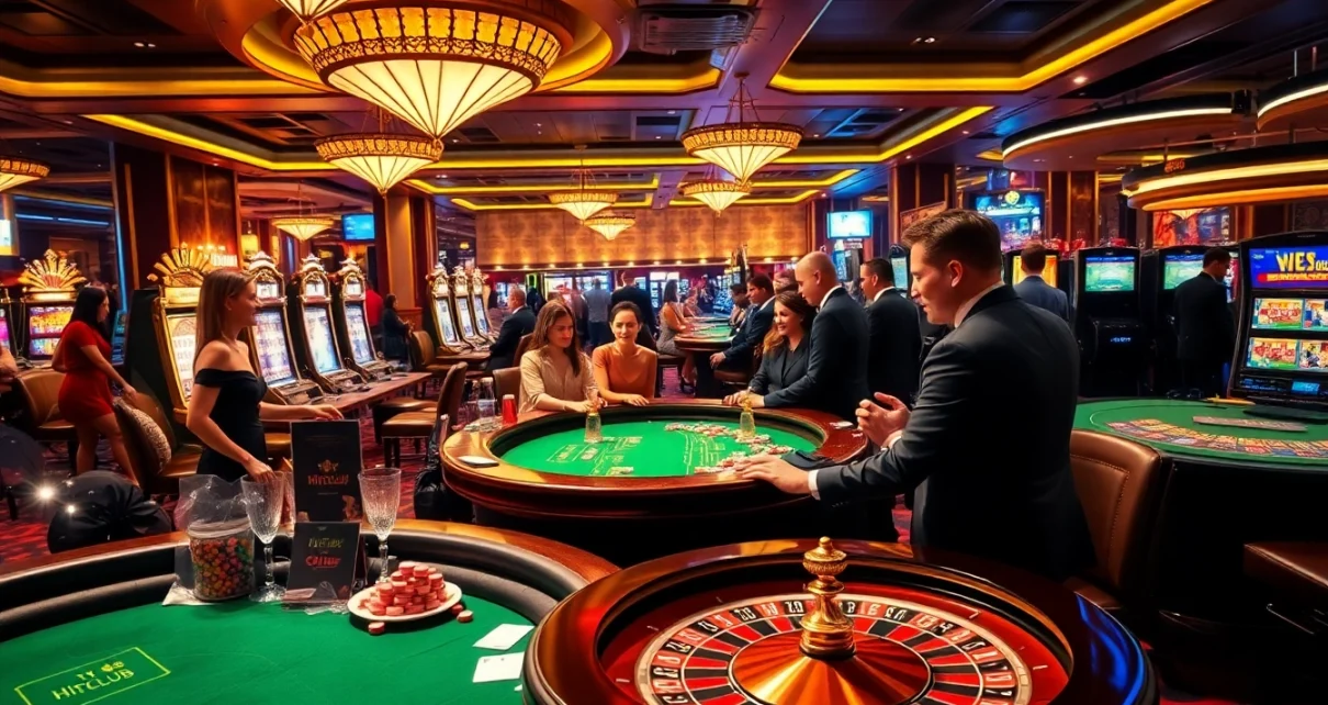 Hitclub offering thrilling games on a vibrant casino floor filled with poker tables and slot machines.
