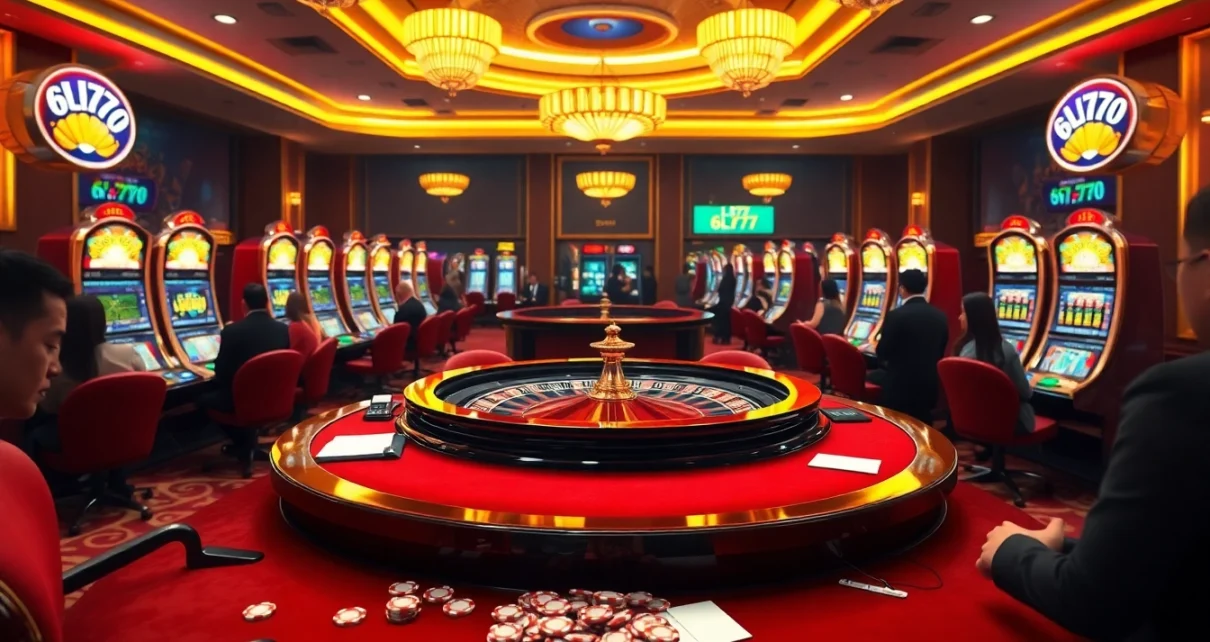 Experience the thrill of 6L777 gaming with a vibrant casino scene featuring roulette and slot machines.
