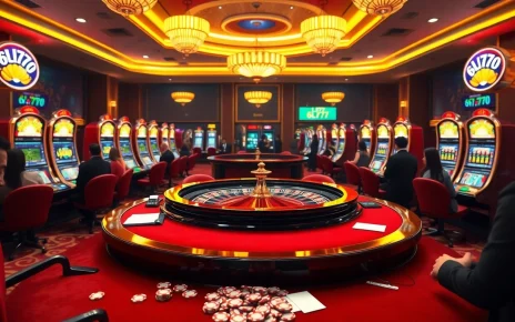 Experience the thrill of 6L777 gaming with a vibrant casino scene featuring roulette and slot machines.