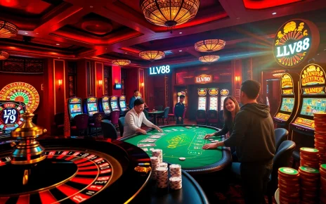 Players enjoying a thrilling LV88 casino experience with roulette and blackjack tables.