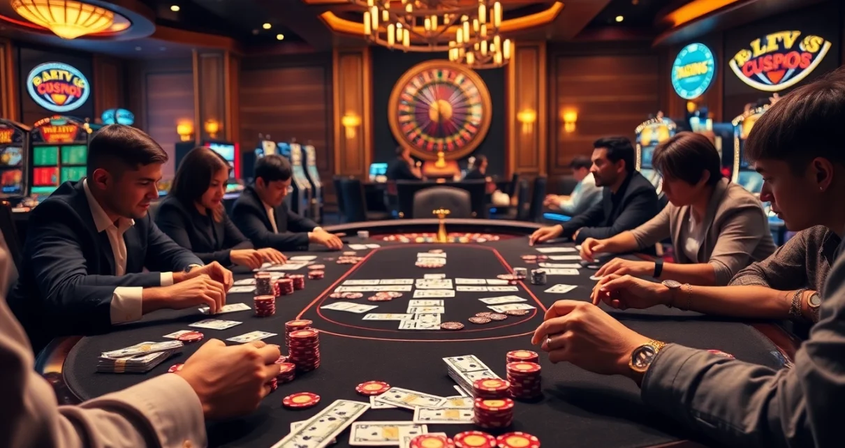 Man88 poker players competing at an elegant casino table with vibrant chips and warm lighting.