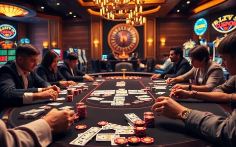 Man88 poker players competing at an elegant casino table with vibrant chips and warm lighting.