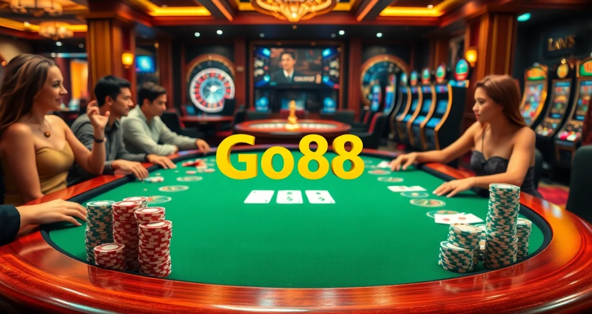 Players enjoy a thrilling game of poker at the Go88 casino table surrounded by vibrant chips and cards.