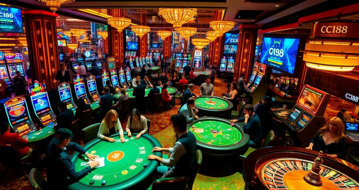 Experience high-stakes gaming at C168's luxurious casino, featuring poker tables and slot machines.